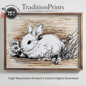 May include: A framed black and white illustration of a rabbit amidst flowers and grass. The artwork is set against a light brown backdrop with a wooden frame. The text "TraditionPrints" is at the top. The image also includes the text "High-Resolution Artwork | Instant Digital Download".