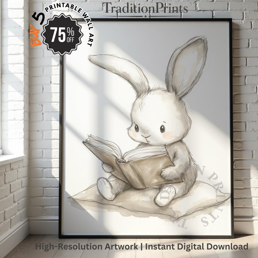 Gentle Rabbit Reading Vintage Style Illustration, Whimsical Bunny Wall ...