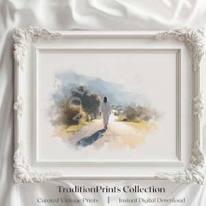 Contemplative Jesus Walking Sunlit Path Wall Art - Spiritual Watercolor Painting, Christian Giftful Jesus Christ Art Print 1069