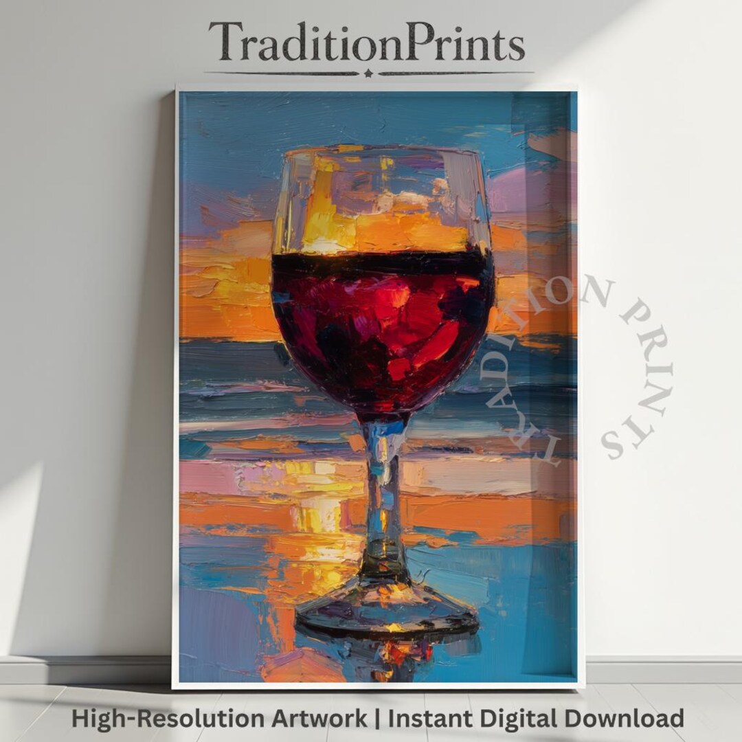Moody Coastal Sunset Wine Glass - Expressive Oil Painting Print ...