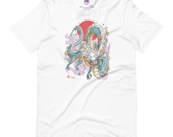 日本の龍と鯉のイラスト入り白Tシャツ（ギークウェア）
