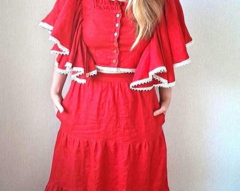 Romantic Linen Tiered Midi Skirt "Maria"– Handmade, Pockets, clean waist