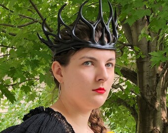 Mörk älva drottning krona / häxa * Svart läderhuvudbonad * Fantasy LARP skurk Halloween Comicon Renässans älva kostym * Cosplay