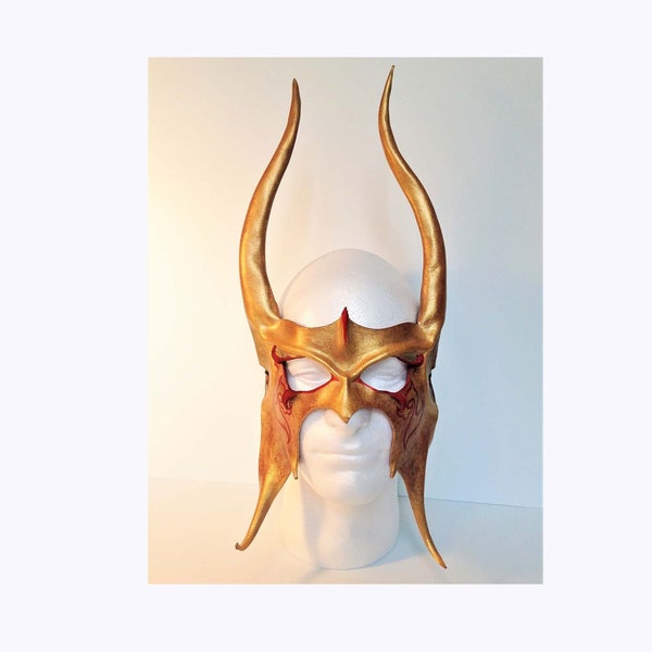 Red Gold Leather Viking Mask Thor Costume Loki Horns Viking cosplay Loki Headpiece Comicon Viking helm Halloween Warrior Mask Leather Horns