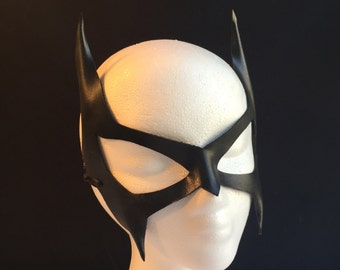 Black Leather Cat Cosplay mask Woman /Man, Villian Cosplay Cat ears, Halloween superhero mask costume accessory, Ties or No holes Waterproof