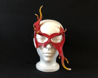 Flaming Fire Demon Mask - Leather Carnival Mask - Mardi Gras Demon Mask Cosplay Halloween Carnival Masquerade Renaissance Faire Cosplay