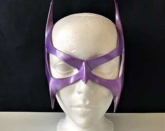 Paars lederen retro super schurk masker kattenoren, Comicon schurk cosplay masker voor man of vrouw, superheld cosplay, Halloween kostuum