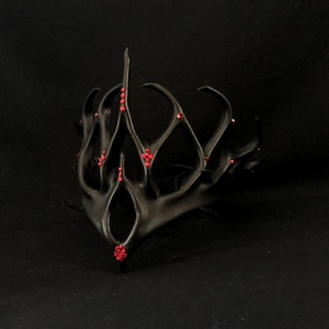 May include: A black crown with a gothic design, featuring multiple curved points and a central spike. The crown is adorned with small, red gemstones. The overall aesthetic is dark and dramatic, suitable for themed events or costumes.