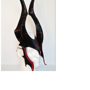 Black Demon Horns w/ Red Festival Horns Leather Mask Evil Mistress Headpiece Villian Helm Goth Fantasy Halloween Cosplay Comicon Pagan larp