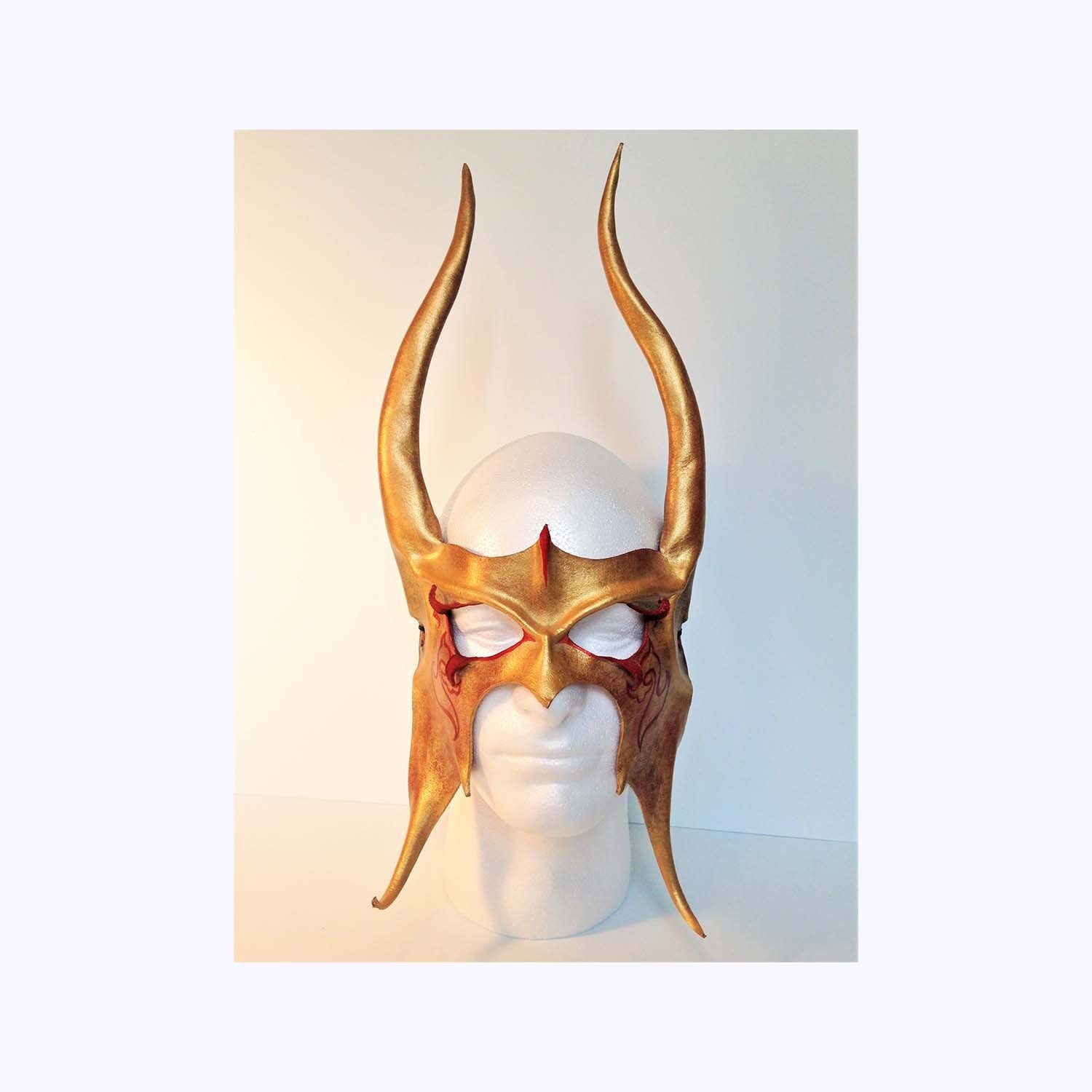 Red Gold Leather Viking Mask Thor Costume Loki Horns Viking cosplay Loki Headpiece Comicon Viking helm Halloween Warrior Mask Leather Horns
