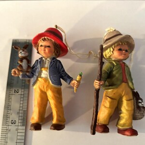 Vintage Hong Kong Christmas Elf Pixie Figurines Holding Bunnies Set of 2 Retro Holiday Deco