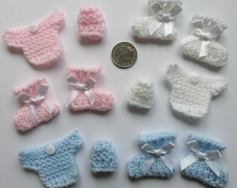 Baby Set Of 3 PINK, BLUE, WHITE Hand Knitted Card Making, Scrapbooking, Embellishments, Toppers, New Baby