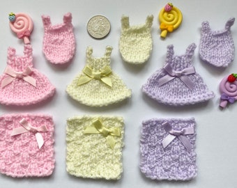 Hand Knitted cardmaking Baby Sets Pink, Yellow & Lilac With Lollipop Flatbacks