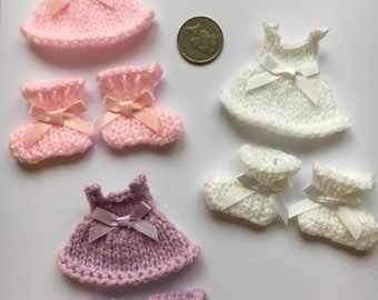 Hand Knitted Set Of 3 Pretty Dresses And Bootees Pink, Lilac & White Baby Girl CardMaking, Scrapbooking, Frames And Other Crafts