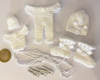 Hand Knitted Baby Set WHITE With Pegs & String