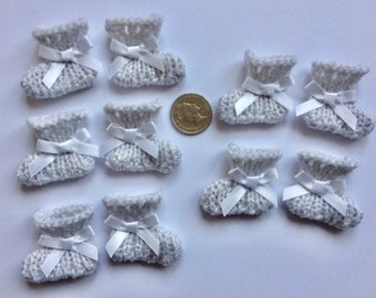 Hand Knitted Embellishments, 5 Pairs Grey Bootees, With Bows NEW Ideal For Cards & Other Crafts