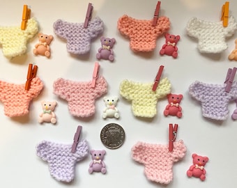 Hand Knitted Card Making Embellishments 10 Assorted Coloured Mini Jumpers With 10 Teddy Flatbacks & 10 Pegs. Only 1 Available.