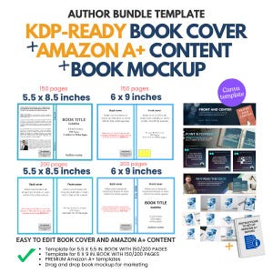 May include: An author bundle template featuring KDP-ready book cover and Amazon A+ content designs. Includes layouts for 5.5 x 8.5 inch and 6 x 9 inch books with 150 or 200 pages, plus a Canva template for marketing mockups and A+ content setup.