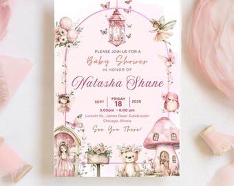 Pink Fairytale Girl Baby Shower Invitation, Floral Princess Canva editable Template