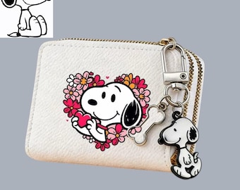 Monedero de Snoopy Kawaii, cartera corta, tarjetero de dibujos animados, mini monedero con doble cremallera para mujeres y niñas. Regalo.