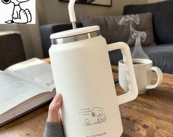 Termo de Snoopy de acero inoxidable 304, botella de agua Kawaii con pajita, gran capacidad, portátil, con diseño de dibujos animados, ideal para viajes, mujeres y estudiantes.
