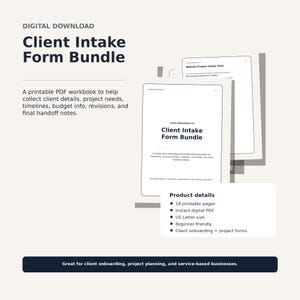 Può includere: Un pacchetto di moduli di accoglienza clienti in download digitale che include una cartella di lavoro PDF stampabile di 18 pagine in formato US Letter. Il documento contiene sezioni per i dettagli del cliente, le esigenze del progetto e le note.