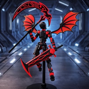 May include: A black and red action figure of a warrior with a scythe and a sword. The figure has red wings and armour, and is posed on a black stand against a futuristic background.
