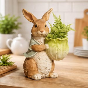 Pode incluir: Uma estatueta de coelho marrom e branco segurando um vaso verde em forma de repolho cheio de plantas verdes. O coelho usa uma jaqueta verde clara. A estatueta está em uma superfície de madeira.