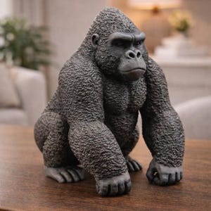 May include: A detailed, gray gorilla statue in a squatting position. The sculpture has a textured surface, capturing the gorilla's fur and muscular build. The gorilla's face has a serious expression, and the statue is placed on a wooden surface.