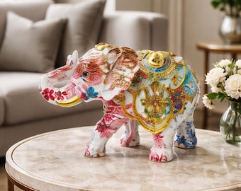 Goldener Elefanten-Reichtum-Statue - Glückliche Feng-Shui-Trunk-Up-Figur - Regal-Harz-Tierskulptur für den Hauseingang und das Büro-Schreibtischdekor