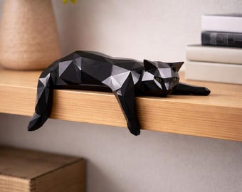 Minimalistische Geometrische Katzen Statue - Moderne Weiß & Schwarz Feline Skulptur - Abstrakte Liegende Katzen Figur für Nordic Home Decor Katzenliebhaber Geschenk