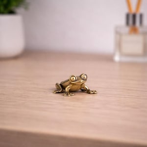 Peut inclure: Une petite figurine de grenouille en laiton, avec de grands yeux ronds et des pattes détaillées. La grenouille est posée sur une surface en bois clair, mettant en valeur son design complexe. C'est un objet décoratif.