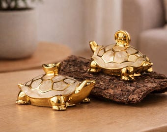 Golden Ceramic Turtle Statue - Gold-Plated Fortune Tortoise - Feng Shui Longevity Decor for TV Stand, Entryway & Office Cabinet