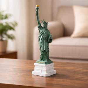 Peut inclure: Une figurine verte de la Statue de la Liberté avec une torche dorée, posée sur un socle blanc. Cette réplique détaillée du célèbre monument est idéale pour la décoration intérieure. La figurine est exposée sur une surface en bois. Hauteur approximative : 15 cm.
