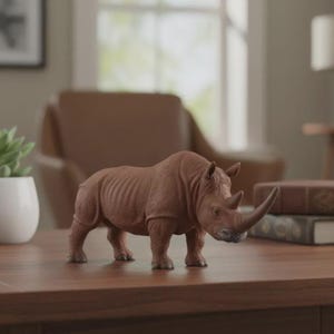 May include: A brown rhinoceros figurine with a large horn, standing on a wooden surface. The rhino is detailed with textured skin and is a decorative item. The figurine is a collectible animal figure.