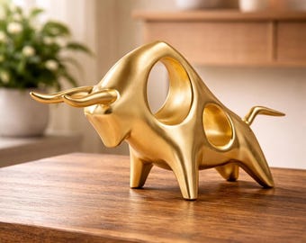 May include: A gold-colored bull sculpture with a modern design. The bull has a sleek, smooth finish and features two large circular cutouts in its body. The sculpture is displayed on a wooden table, showcasing its decorative appeal.
