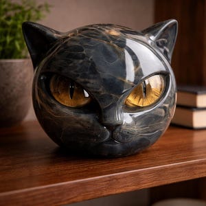May include: A black cat sculpture with golden eyes and a marbled texture. The cat's head is round with pointed ears and a small nose. The sculpture sits on a wooden shelf, showcasing a decorative home accent.