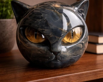 Schwarze Katzenkopf-Figur - Marmor Textur Harz Heilstein - Minimalistische Katzen Skulptur - Gothic Wohnkultur & Büro Schreibtisch Ornament