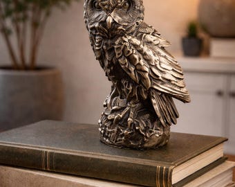 Antike stehende Eulenfigur aus Messing - Retro-Kupfervogelstatue - Dark Academia-Schreibtischverzierung, Teehausdekor & weises Lehrergeschenk