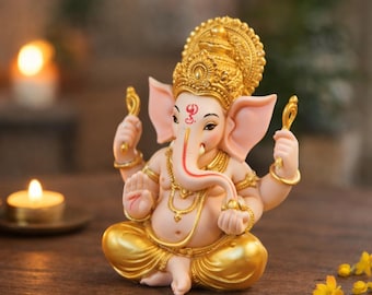 Gold Lord Ganesha Statue - Elefantengott Buddha Skulptur - Entferner von Hindernissen Ganesh Figur - Auspichaftes Hindu Hausaltar Geschenk