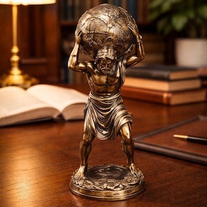 May include: A bronze-colored statue of Atlas, a figure from Greek mythology, holding a globe above his head. The statue is detailed with intricate features and stands on a round base. The background includes a desk, books, and a lamp.