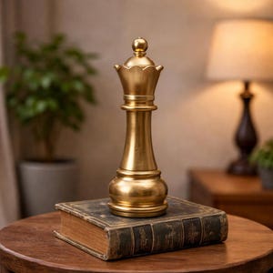 Könnte beinhalten: Eine goldfarbene Schachkönigin-Statue mit detailliertem Design, die auf einem Vintage-Buch mit dunkelgrünen und braunen Farbtönen steht. Die Statue hat einen abgerundeten Sockel und eine kronenartige Spitze. Das Buch liegt auf einem Holztisch.