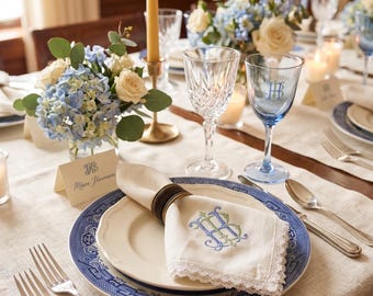 Servilletas de lino bordadas personalizadas con ribete de encaje – Servilletas personalizadas con monograma para bodas y cenas