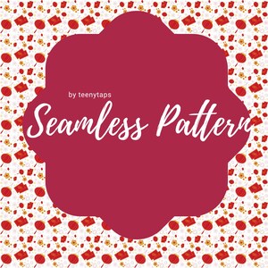 Può includere: Un design a motivo continuo con lanterne rosse, buste e fiori su sfondo bianco. Una grande forma rossa al centro mostra le parole "Seamless Pattern" in scrittura bianca, con il testo "by teenytaps" sopra.