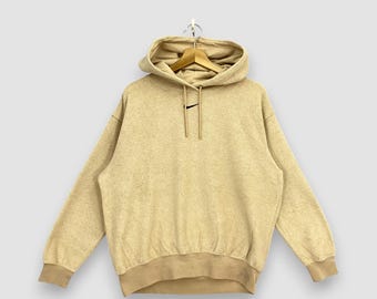 Vintage Y2K Nike Fleece Hoodie Pullover Zentrum Swoosh Kapuzen Sweatshirt Beige Sand Pullover mittleren Swoosh Pullover Erdton Größe XL