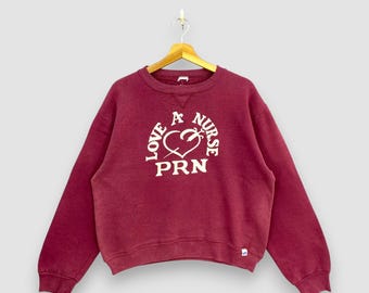 Vintage 90s Russell Athletic Sweatshirt Size M Maroon Red Love A Nurse PRN V-Stitch Crewneck Medical Pullover Jumper Size Medium M