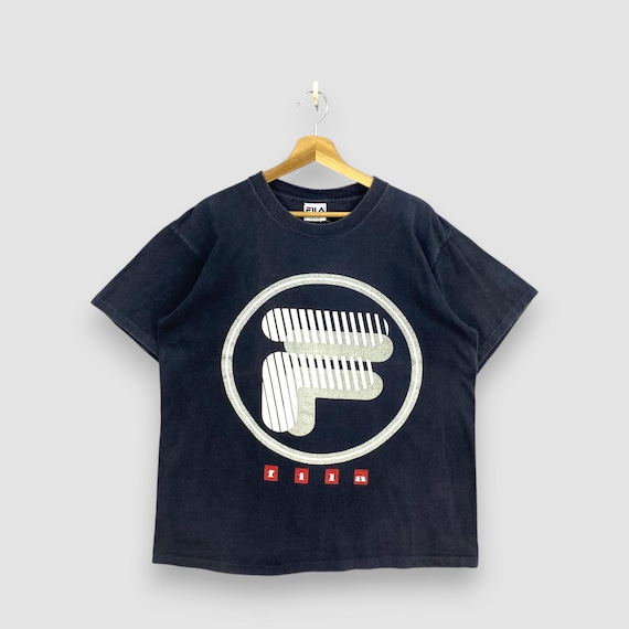 Fila, Vintage 90s Fila USA Box Logo T-Shirt Large Faded Black Big Logo 3D Circle Graphic Tee Sportswear Urban Streetwear Casual Top Size L