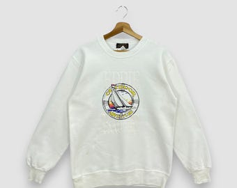 Jersey vintage de los 90 de Eddie Bauer, azul marino, estilo Yacht Club, para actividades al aire libre, cuello redondo, fabricado en EE. UU., estilo náutico, talla S.
