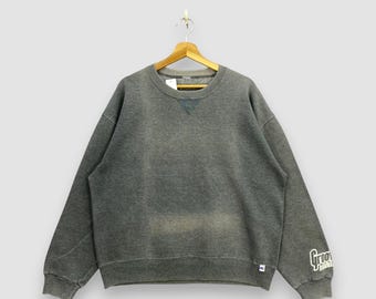 Sudadera vintage Y2K Faded Groove Mania gris Russell Athletic con cuello redondo y costuras en V Talla extragrande (XL)