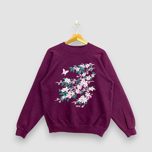Vintage 90s Morning Sun Sweatshirt Purple Floral Butterfly Raglan Pullover Hanes Made in USA Cottagecore Jumper Size Medium M